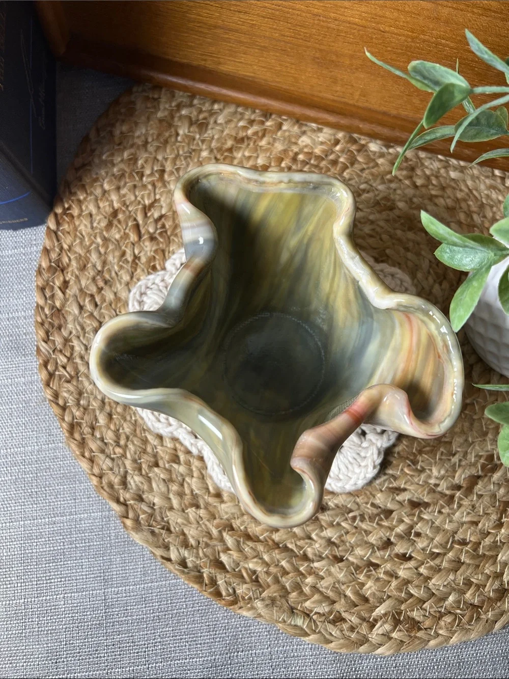 Signed 2005 Ruffled Studio Art Glass Bowl Vase Multicolor Freeform